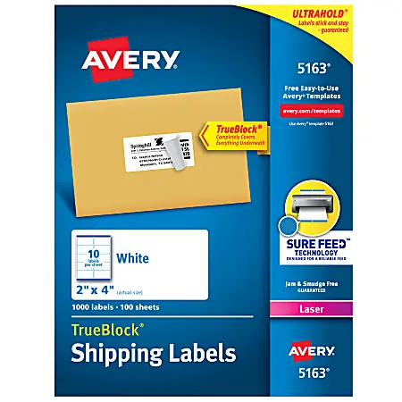 Buy Online Avery&reg; TrueBlock&reg; Shipping Labels With Sure Feed&reg; Technology, 5163, Rectangle, 2" x 4", White, Pack Of 1,000