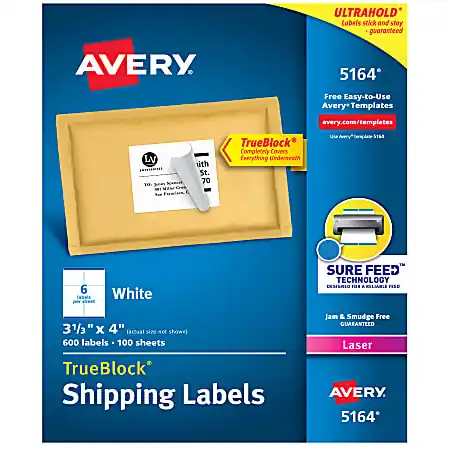 Exclusive Avery&reg; TrueBlock&reg; Shipping Labels With Sure Feed&reg; Technology, 5164, Rectangle, 3 1/3" x 4", White, Pack Of 600