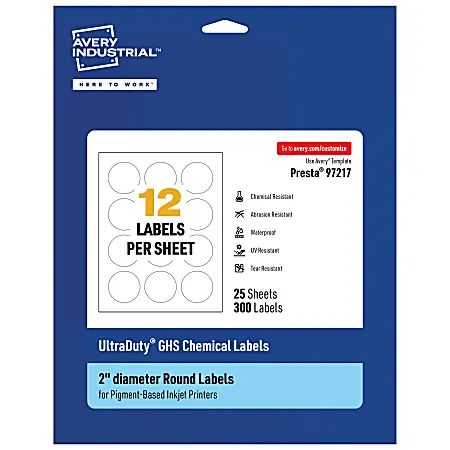 Avery&reg; Ultra Duty&reg; Permanent GHS Chemical Labels, 97217-WMUI25, Round, 2" Diameter, White, Pack Of 300 Sale