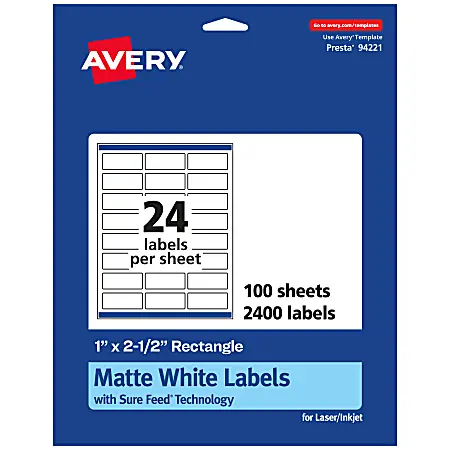 Luxury Avery&reg; Permanent Labels With Sure Feed&reg;, 94221-WMP100, Rectangle, 1" x 2-1/2", White, Pack Of 2,400