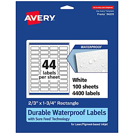 Avery&reg; Waterproof Permanent Labels With Sure Feed&reg;, 94209-WMF100, Rectangle, 2/3" x 1-3/4", White, Pack Of 4,400 Next Day Delivery