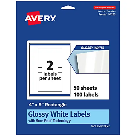 Save Now Avery&reg; Glossy Permanent Labels With Sure Feed&reg;, 94253-WGP50, Rectangle, 4" x 5", White, Pack Of 100