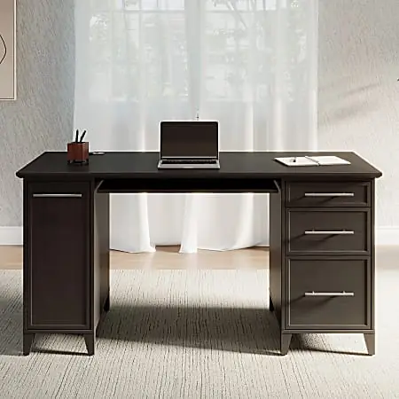 Realspace&reg; Koru 60"W Straight Computer Desk With Integrated Power & Charging, Espresso Oak, BIFMA Compliant Super Sale