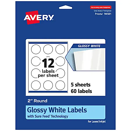Avery&reg; Glossy Permanent Labels With Sure Feed&reg;, 94501-WGP5, Round, 2" Diameter, White, Pack Of 60 Free Returns
