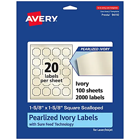 Free Delivery Avery&reg; Pearlized Permanent Labels With Sure Feed&reg;, 94110-PIP100, Square Scalloped, 1-5/8" x 1-5/8", Ivory, Pack Of 2,000 Labels