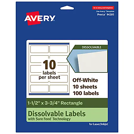 Seasonal Sale Avery&reg; Print-to-the-Edge Dissolvable Labels With Sure Feed&reg; Technology, 94205-DWMP10, Rectangle, 1-1/2"x3-3/4", Matte Off-White, Pack Of 100