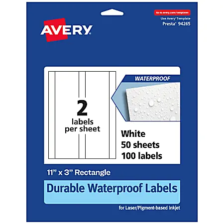 Trusted Brand Avery&reg; Waterproof Permanent Labels, 94265-WMF50, Rectangle, 11" x 3", White, Pack Of 100