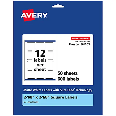 Brand New Avery&reg; Permanent Labels With Sure Feed&reg;, 94105-WMP50, Square, 2-1/8" x 2-1/8", White, Pack Of 600