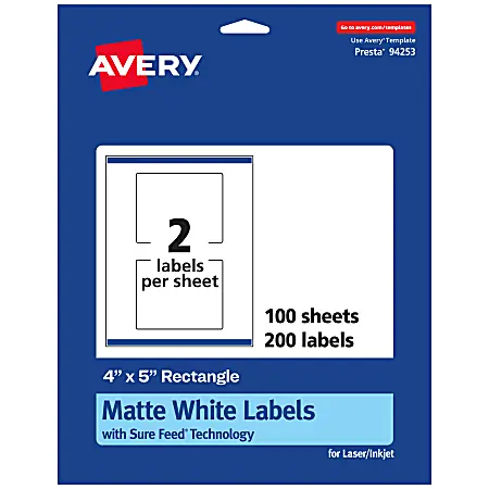 Avery&reg; Permanent Labels With Sure Feed&reg;, 94253-WMP100, Rectangle, 4" x 5", White, Pack Of 200 Modern