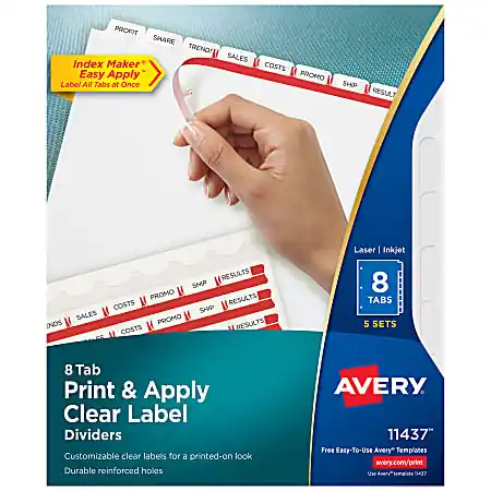 Trusted Brand Avery&reg; Customizable Index Maker&reg; Dividers For 3 Ring Binder, Easy Print & Apply Clear Label Strip, 8 Tab, White, Pack Of 5 Sets