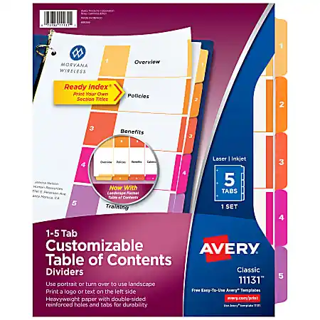 Avery&reg; Ready Index&reg; 1-5 Tab Binder Dividers With Customizable Table Of Contents, 8-1/2" x 11", 5 Tab, White/Multicolor, 1 Set Mega Sale