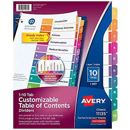 Avery&reg; Ready Index&reg; 1-10 Tab Binder Dividers With Customizable Table Of Contents, 8-1/2" x 11", 10 Tab, White/Multicolor, 1 Set Special Discount