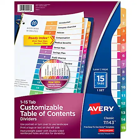 Avery&reg; Ready Index&reg; 1-15 Tab Binder Dividers With Customizable Table Of Contents, 8-1/2" x 11", 15 Tab, White/Multicolor, 1 Set Money Back Guarantee