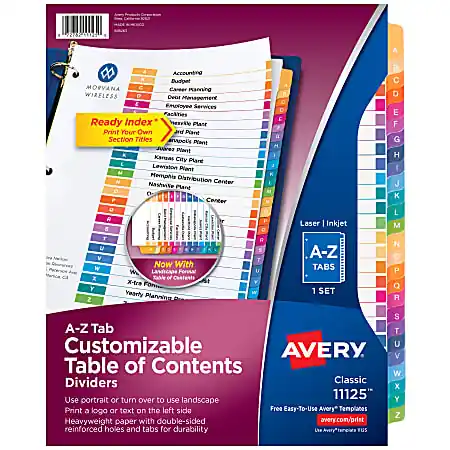 Trusted Brand Avery&reg; Ready Index&reg; A-Z Tab With Customizable Table of Contents Binder Dividers, 8-1/2" x 11", 26 Tab, Multicolor, 1 Set