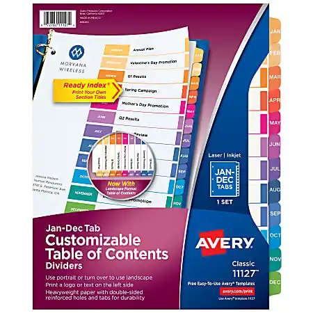 Cheap Avery&reg; Ready Index&reg; Jan-Dec Tab With Customizable Table Of Contents Binder Dividers, 8-1/2" x 11", 12 Tab, Multicolor, 1 Set