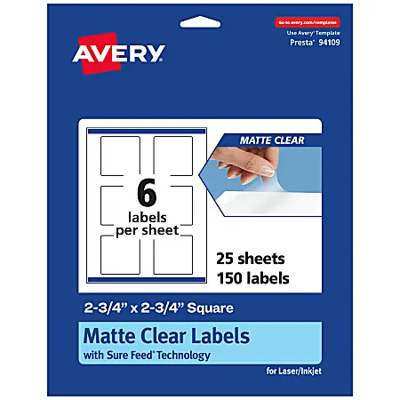 Avery&reg; Permanent Labels With Sure Feed&reg;, 94109-CMF25, Square, 2-3/4" x 2-3/4", Matte Clear, Pack Of 150 Wholesale