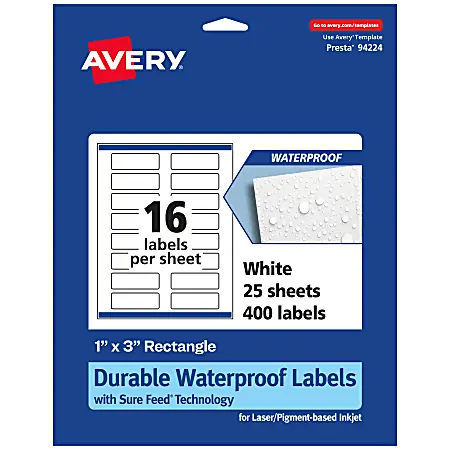 Avery&reg; Waterproof Permanent Labels With Sure Feed&reg;, 94224-WMF25, Rectangle, 1" x 3", White, Pack Of 400 New Release
