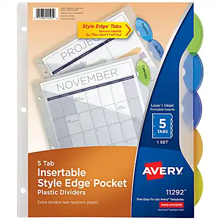 Authentic Avery&reg; Style Edge Insertable Dividers With Pockets, Multicolor, Pack Of 5 Dividers
