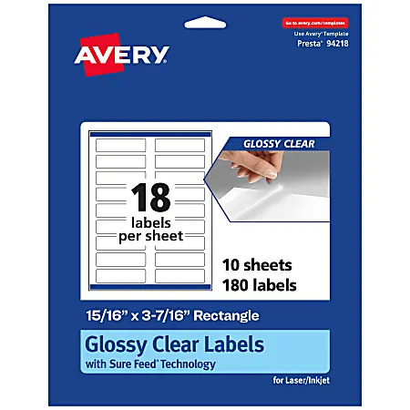 Avery&reg; Glossy Permanent Labels With Sure Feed&reg;, 94218-CGF10, Rectangle, 15/16" x 3-7/16", Clear, Pack Of 180 Trusted Brand