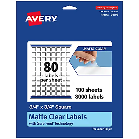 Seasonal Sale Avery&reg; Permanent Labels With Sure Feed&reg;, 94102-CMF100, Square, 3/4" x 3/4", Matte Clear, Pack Of 8,000