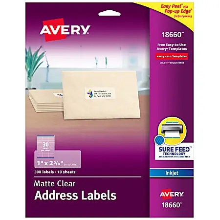 Avery&reg; Matte Address Labels With Sure Feed&reg; Technology, 18660, Rectangle, 1" x 2-5/8", Clear, Pack Of 300 Labels Hot Deal