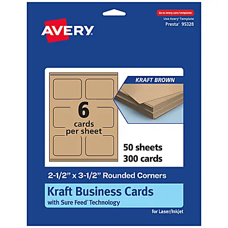 Exclusive Avery&reg; Printable Rounded Corner Business Cards With Sure Feed&reg; Technology, Print-To-The-Edge, 2.5"x3.5", Kraft Brown, Pack Of 300
