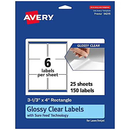 Avery&reg; Glossy Permanent Labels With Sure Feed&reg;, 94215-CGF25, Rectangle, 3-1/3" x 4", Clear, Pack Of 150 Fresh Stock
