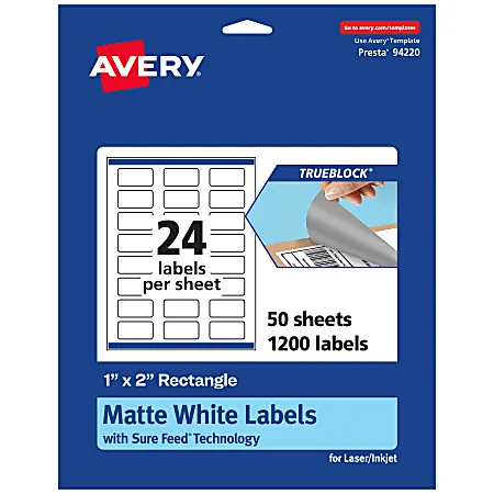 Avery&reg; Print-To-The-Edge TrueBlock&reg; Labels With Sure Feed&reg;, 94220-TWMP50, Rectangle, 1" x 2", Matte White, Pack Of 1200 Viral