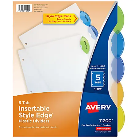 Handmade Avery&reg; Style Edge&trade; Insertable Plastic Dividers, Multicolor, 5-Tab, Pack Of 5 Dividers