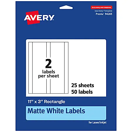 Exclusive Avery&reg; Permanent Labels, 94265-WMP25, Rectangle, 11" x 3", White, Pack Of 50