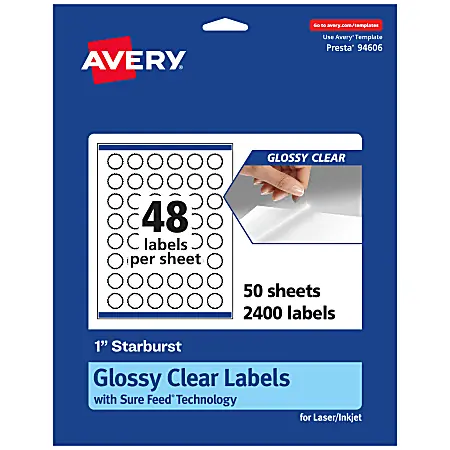 Fast Shipping Avery&reg; Glossy Permanent Labels With Sure Feed&reg;, 94606-CGF50, Starburst, 1", Clear, Pack Of 2,400