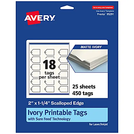 Avery&reg; Printable Tags With Sure Feed&reg; Technology, Print-To-The-Edge, 2"x1.25", Matte Ivory, Pack Of 450 Professional Grade