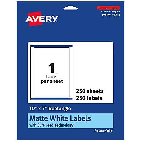 Professional Grade Avery&reg; Permanent Labels With Sure Feed&reg;, 94263-WMP250, Rectangle, 10" x 7", White, Pack Of 250
