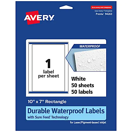 Last Chance Avery&reg; Waterproof Permanent Labels With Sure Feed&reg;, 94263-WMF50, Rectangle, 10" x 7", White, Pack Of 50