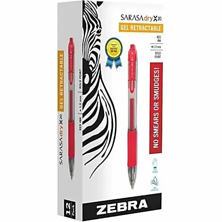 Trending Zebra&reg; Pen SARASA&reg; X20 Retractable Gel Pens, Pack Of 12, Bold Point, 1.0 mm, Translucent Barrel, Red Ink