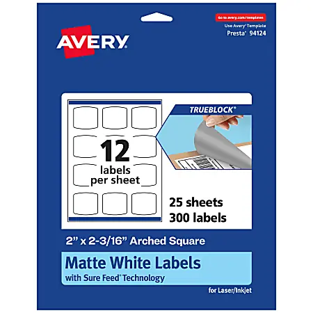 Avery&reg; Print-To-The-Edge TrueBlock&reg; Labels With Sure Feed&reg;, 94124-TWMP25, Arched Square, 2" x 2-3/16", Matte White, Pack Of 300 Top Pick