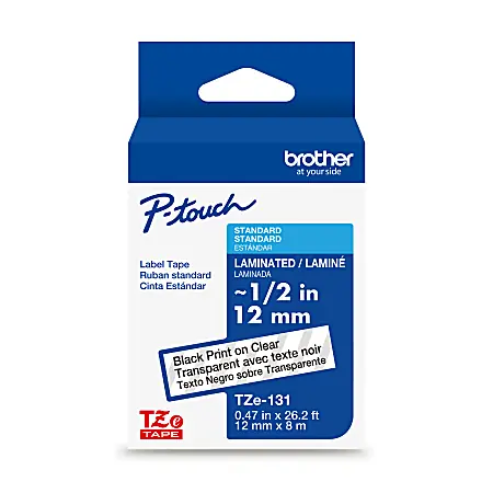 Buy Direct Brother P-touch TZe131, Laminated, ~1/2 in (12mm) x 26.2ft (8m), Black on Clear Label Tape