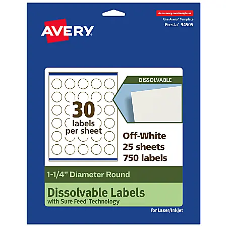 Avery&reg; Print-to-the-Edge Dissolvable Labels With Sure Feed&reg; Technology, 94505-DWMP25, Round, 1-1/4", Matte Off-White, Pack Of 750 Wholesale