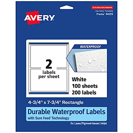 Fast Shipping Avery&reg; Waterproof Permanent Labels With Sure Feed&reg;, 94255-WMF100, Rectangle, 4-3/4" x 7-3/4", White, Pack Of 200