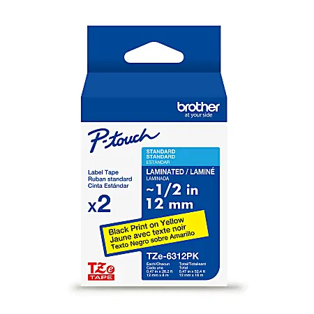 Brother P-touch TZe6312PK, Laminated, ~1/2" x 26.2 ft (12mm x 8m), Black on Yellow Label Tape, 2 pack Factory Price
