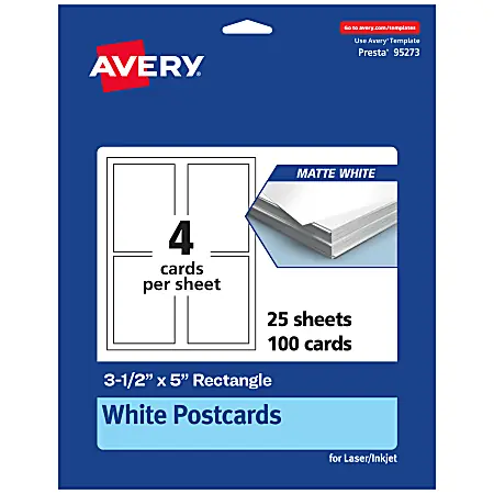 Premium Avery&reg; Printable Postcards, 95273-MWC25, Rectangle, 3.5" x 5", Matte White, Pack Of 100