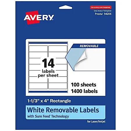 Avery&reg; Removable Labels With Sure Feed&reg;, 94206-RMP100, Rectangle, 1-1/3" x 4", White, Pack Of 1,400 Labels Warranty Included