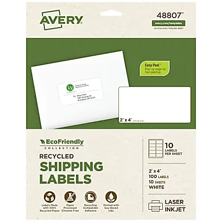 Avery&reg; EcoFriendly Recycled Labels, Rectangle, 2" x 4", Matte White, Pack Of 100 Instant Buy