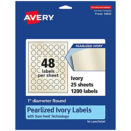 Avery&reg; Pearlized Permanent Labels With Sure Feed&reg;, 94500-PIP25, Round, 1" Diameter, Ivory, Pack Of 1,200 Labels Budget