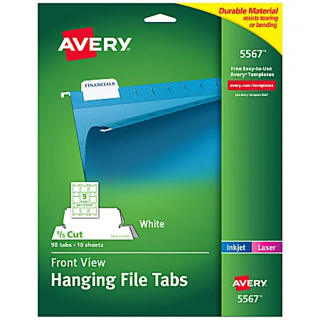 Avery&reg; Printable Hanging File Folder Tabs, 1/5 Cut, White, Pack of 90 (5567) Markdown
