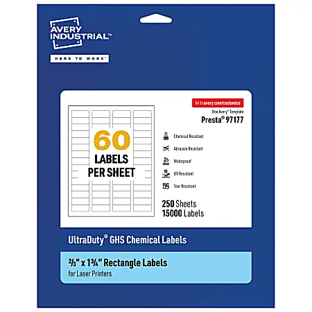 Hot Deal Avery&reg; Ultra Duty&reg; Permanent GHS Chemical Labels, 97177-WMU250, Rectangle, 2/3" x 1-3/4", White, Pack Of 15,000