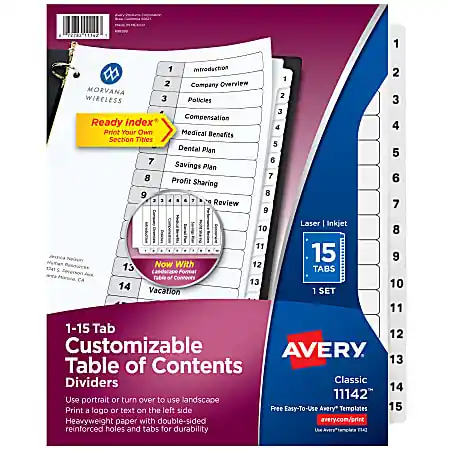 Avery&reg; Ready Index&reg; 1-15 Tab With Customizable Table Of Contents Dividers, Letter Size, 15 Tab, White, 1 Set Seasonal Sale