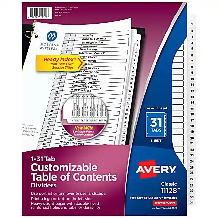 Avery&reg; Ready Index&reg; 1-31 Tab With Customizable Table Of Contents Dividers, Letter Size, 31 Tab, White, 1 Set Deal