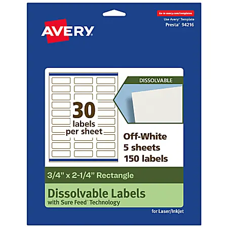 Avery&reg; Print-to-the-Edge Dissolvable Labels With Sure Feed&reg; Technology, 94216-DWMP5, Rectangle, 3/4"x2-1/4", Matte Off-White, Pack Of 150 Hassle-Free Returns
