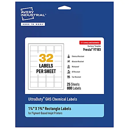 Avery&reg; Ultra Duty&reg; Permanent GHS Chemical Labels, 97183-WMUI25, Rectangle, 1-1/4" x 1-3/4", White, Pack Of 800 Hassle-Free Returns